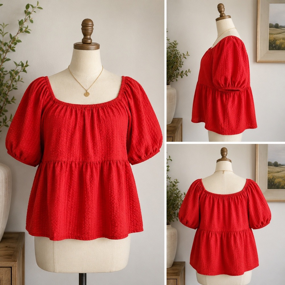 Old Navy Red Puff-Sleeve Square Neck Blouse